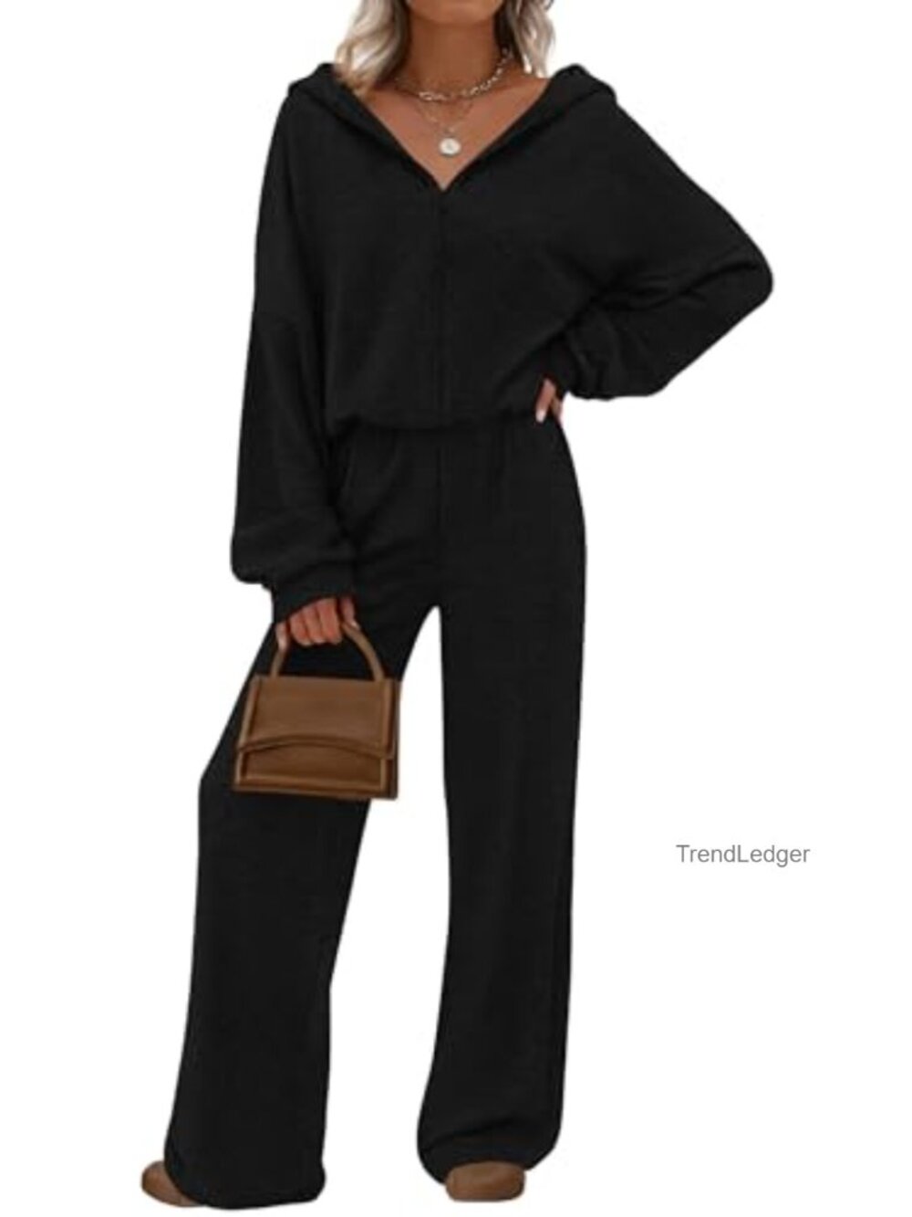 2 Piece Lounge Set Knit Zip Up Hoodie Wide Leg Pants Travel Outfit